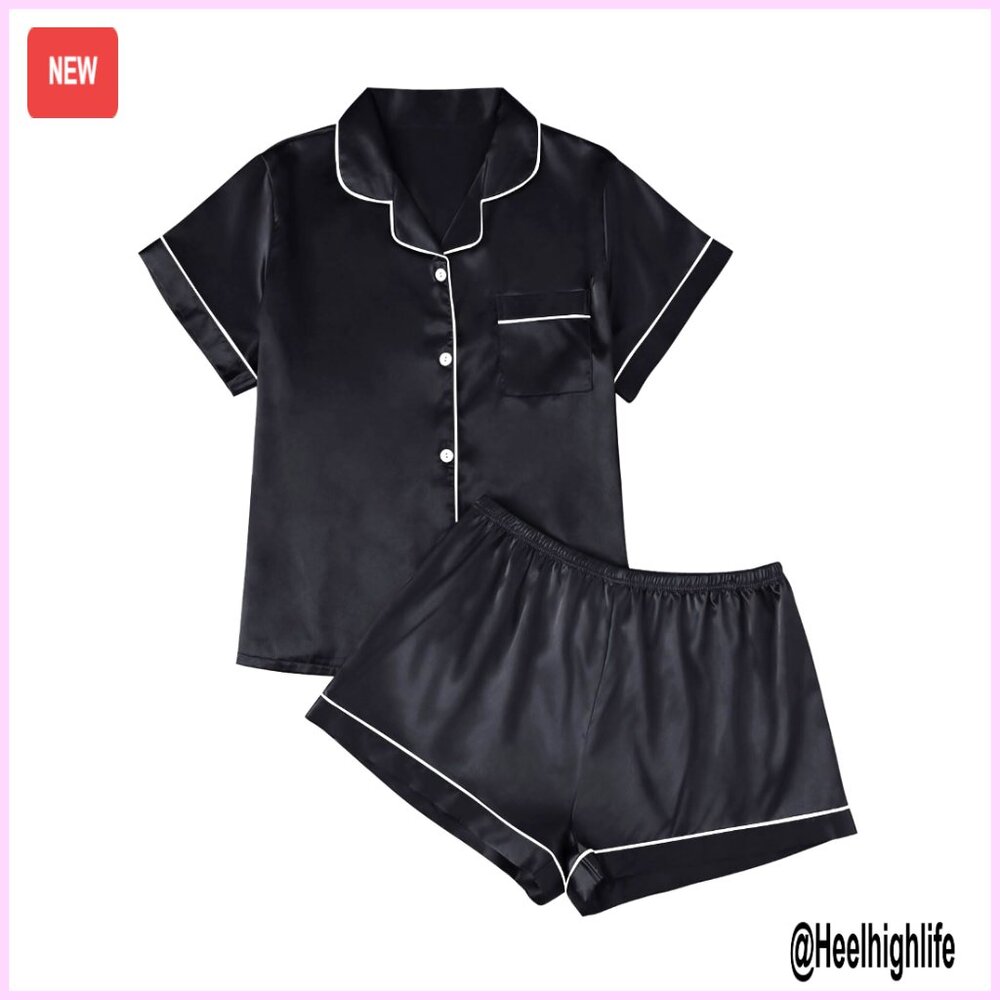 Silk Satin Pajama Set Women's 2-Piece Lounge Sleepwear Button Down Shirt Shorts